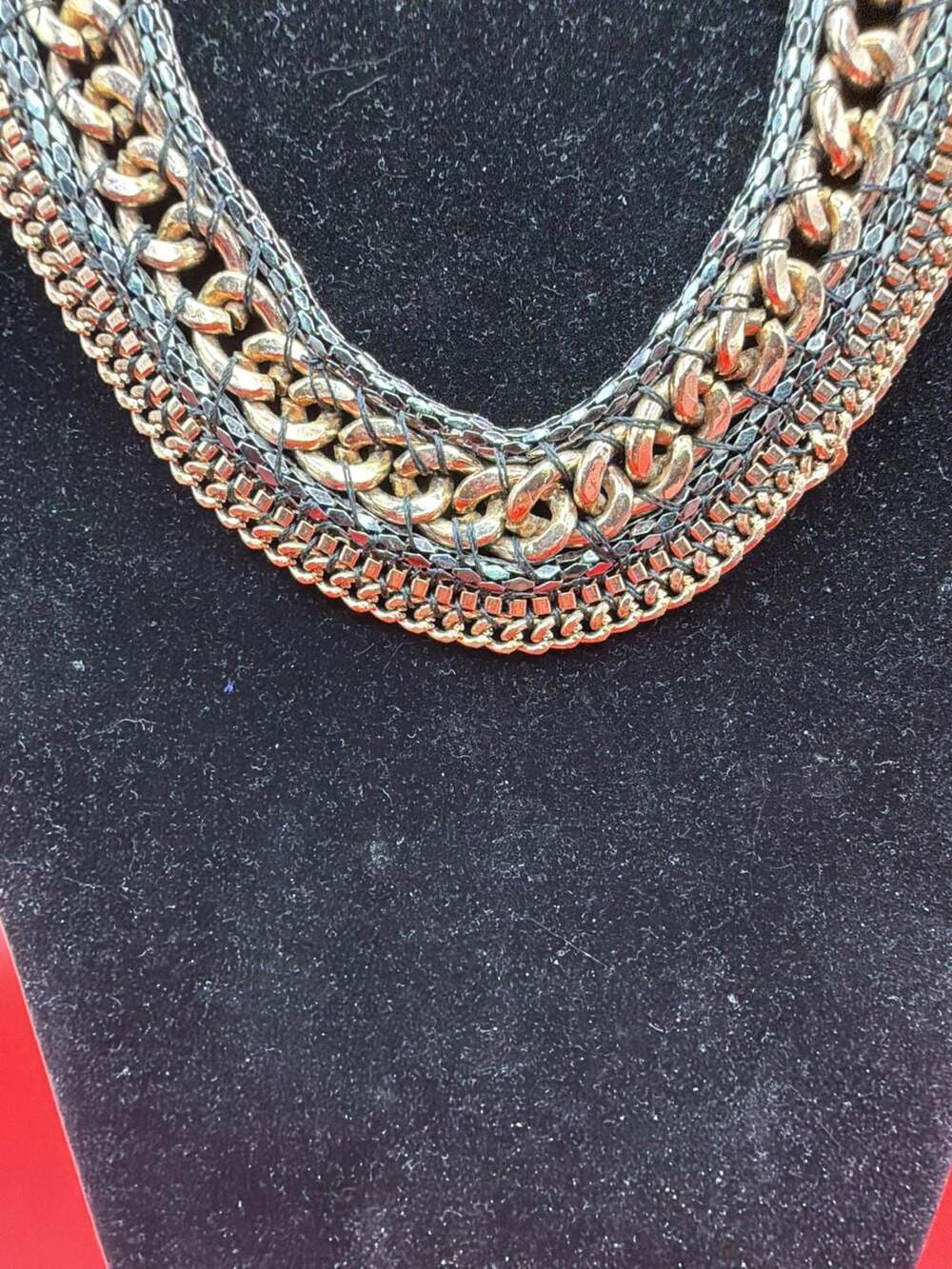 Layered Statement Necklace Multi-Chain Metal and Mesh Collar - Picture 2 of 7
